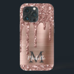 Chic Rose Gold Glitter Drips Monogram Pink Metal   iPhone 13 Pro Case<br><div class="desc">Elegant, modern, girly rose gold glitter drips pink metal custom personalized name and monogrammed iphone case. This design features blush pink rose gold glitter sparkle drips on pink brushed metal background with custom personalized monogram initial and first name text template. Perfect feminine gift for girl and women who loves pretty...</div>