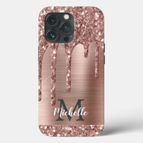 Chic Rose Gold Glitter Drips Monogram Pink Metal   iPhone 13 Pro Case
