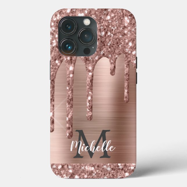 Chic Rose Gold Glitter Drips Monogram Pink Metal   Case-Mate iPhone Case (Back)