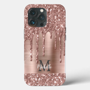 Chic Rose Gold Glitter Drips Monogram Pink Metal iPhone 13 Pro Case