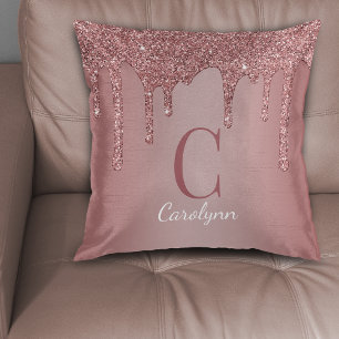 Chic Rose Gold Glitter Drips Monogram Throw Pillow