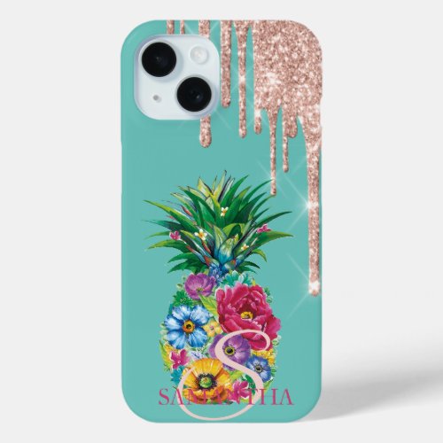 Chic Rose Gold Glitter Drips Pineapple Mint Green iPhone 15 Case