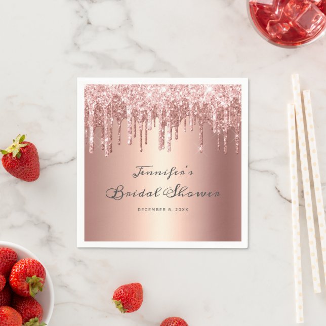 Chic Rose Gold Glitter Drips Script Bridal Shower Napkins (Insitu)