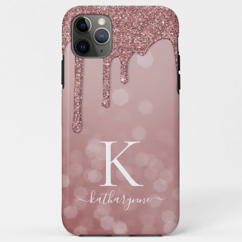 Chic Rose Gold Glitter Drips Shiny Bokeh Monogram iPhone 11 Pro Max Case