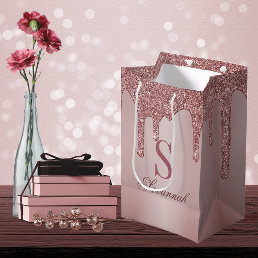 Chic Rose Gold Glitter Drips Sparkle Monogram Medium Gift Bag