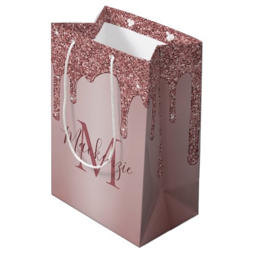 Chic Rose Gold Glitter Drips Sparkle Monogram Medium Gift Bag