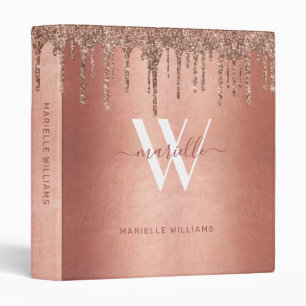Chic Rose Gold Glitter Drips Sparkle Monogram Name 3 Ring Binder