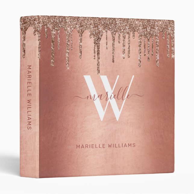 Chic Rose Gold Glitter Drips Sparkle Monogram Name 3 Ring Binder (Front/Spine)
