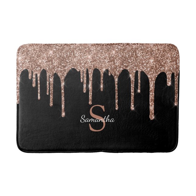 Chic Rose Gold Glitter Drips Sparkle Monogram Name Bath Mat (Front)