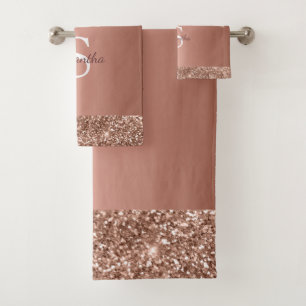 Chic Rose Gold Glitter Drips Sparkle Monogram Name Bath Towel Set