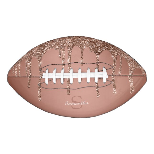 Chic Rose Gold Glitter Drips Sparkle Monogram Name Football (Front)
