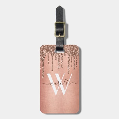 Chic Rose Gold Glitter Drips Sparkle Monogram Name Luggage Tag