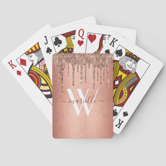Chic Rose Gold Glitter Drips Sparkle Monogram Name Poker Cards (Back)