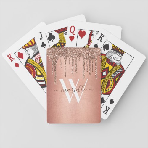Chic Rose Gold Glitter Drips Sparkle Monogram Name Poker Cards