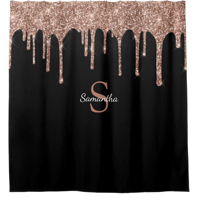 Chic Rose Gold Glitter Drips Sparkle Monogram Name Shower Curtain (Front)