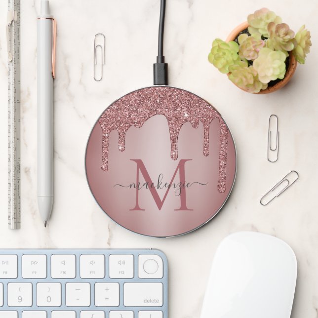 Chic Rose Gold Glitter Drips Sparkle Monogram Wireless Charger (Desk)
