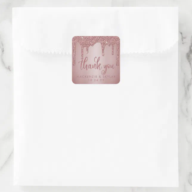 Chic Rose Gold Glitter Drips Thank You Square Sticker | Zazzle