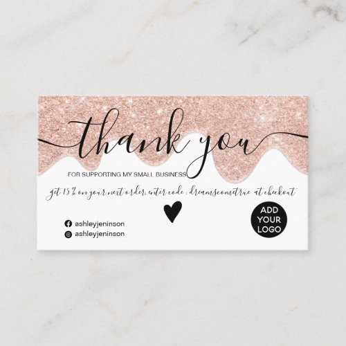 Chic rose gold glitter drips white order thank you business card
