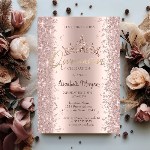 Chic Rose Gold Glitter Dust Crown Quinceaera   Invitation