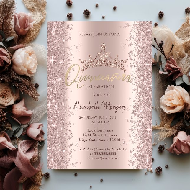 Chic Rose Gold Glitter Dust Crown Quinceañera   Invitation (Creator Uploaded)
