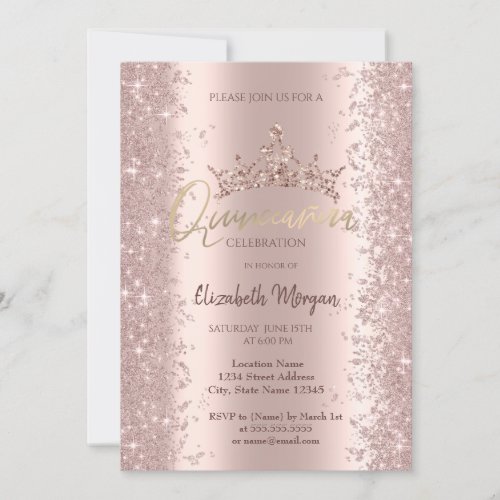 Chic Rose Gold Glitter Dust Crown Quinceaera   Invitation