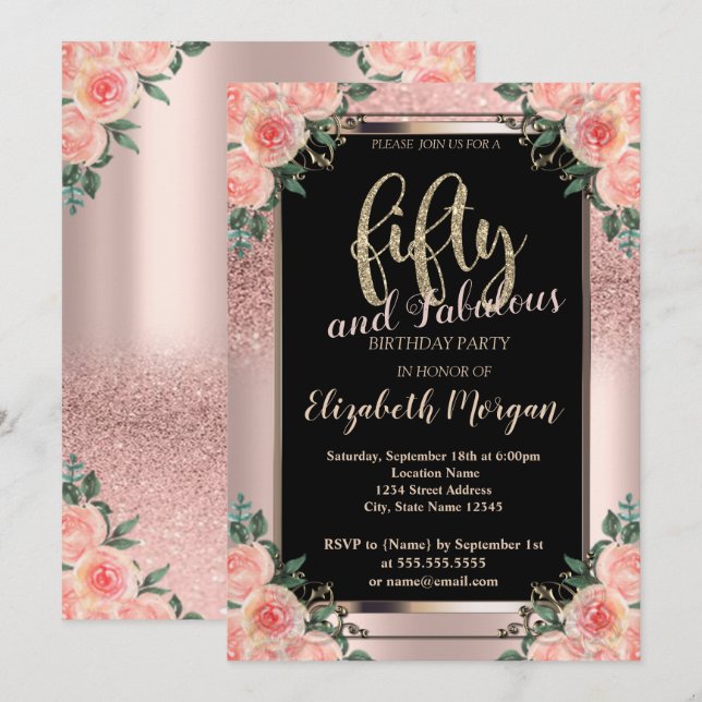 Chic Rose Gold Glitter Flowers 50th Birthday Party Invitation (Front/Back)