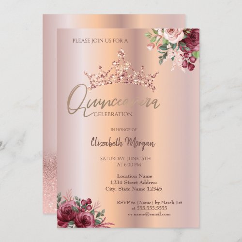 Chic Rose Gold Glitter Flowers Crown Quinceaera   Invitation