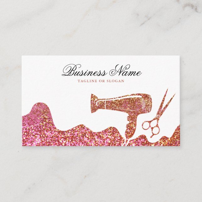 Chic Rose Gold Glitter Hair Dryer Hairdresser Appointment Card (Front)