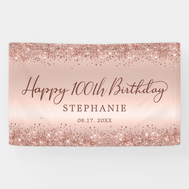 Chic Rose Gold Glitter Happy 100th Birthday  Banner (Horizontal)