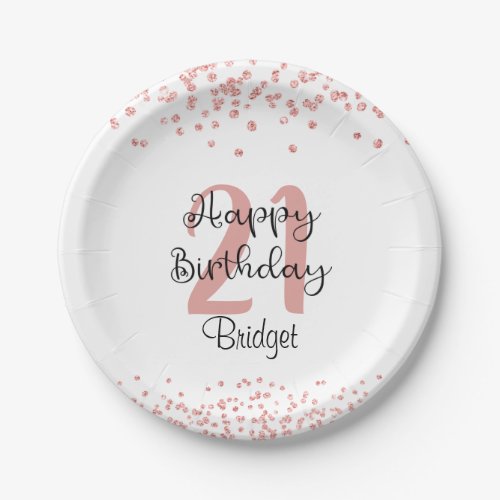 Chic Rose Gold Glitter HAPPY 21st BIRTHDAY Name Paper Plates