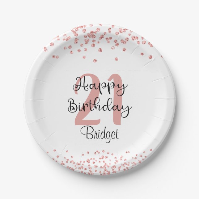 Chic Rose Gold Glitter HAPPY 21st BIRTHDAY Name Paper Plates (Front)