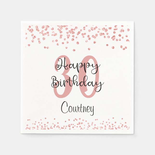 Chic Rose Gold Glitter HAPPY 30th BIRTHDAY Name Napkins (Front)