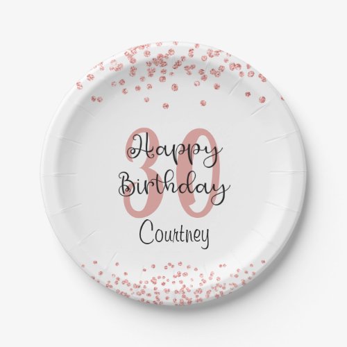 Chic Rose Gold Glitter HAPPY 30th BIRTHDAY Name Paper Plates - Celebrate a 30th or any birthday with these personalized party paper plates designed with rose gold glitter confetti and a modern, chic script HAPPY BIRTHDAY title personalized with their age and name or other text. Contact the designer via Zazzle Chat or makeitaboutyoustore@gmail.com if you'd like this design modified, on another product or coordinating items.