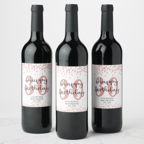 Chic Rose Gold Glitter HAPPY 30th BIRTHDAY Wine Label - Create a commemorative birthday gift or party favor for a 30th or any birthday with these labels designed with rose gold glitter confetti and script HAPPY BIRTHDAY and personalized with their age, name and birth year (or any text you choose). Contact the designer via Zazzle Chat or makeitaboutyoustore@gmail.com if you'd like this design modified, on another product or coordinating items.