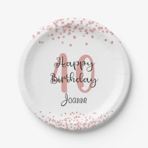 Chic Rose Gold Glitter HAPPY 40th BIRTHDAY Name Paper Plates