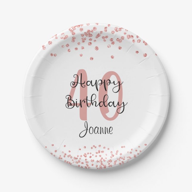 Chic Rose Gold Glitter HAPPY 40th BIRTHDAY Name Paper Plates (Front)