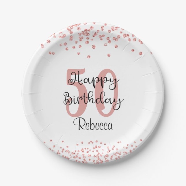 Chic Rose Gold Glitter HAPPY 50th BIRTHDAY Name Paper Plates (Front)