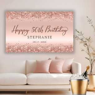 Chic Rose Gold Glitter Happy 50th Birthday Script Banner