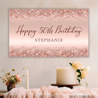 Chic Rose Gold Glitter Happy 50th Birthday Script Banner