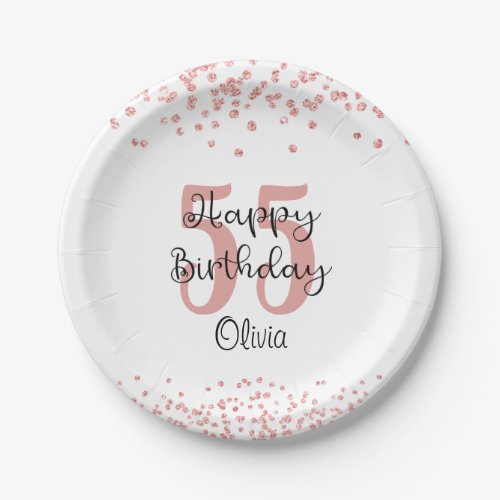 Chic Rose Gold Glitter HAPPY 55th BIRTHDAY Name Paper Plates