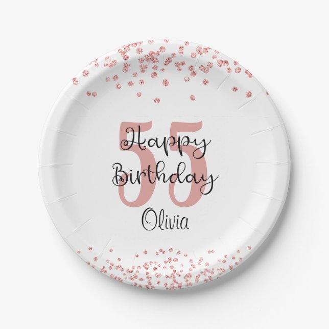 Chic Rose Gold Glitter HAPPY 55th BIRTHDAY Name Paper Plates (Front)