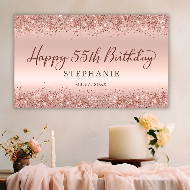 Chic Rose Gold Glitter Happy 55th Birthday Script  Banner (Creator Uploaded)