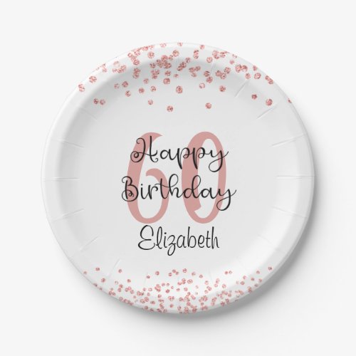 Chic Rose Gold Glitter HAPPY 60th BIRTHDAY Name Paper Plates - Celebrate a 60th or any birthday with these personalized party paper plates designed with rose gold glitter confetti and a modern, chic script HAPPY BIRTHDAY title personalized with their age and name or other text. Contact the designer via Zazzle Chat or makeitaboutyoustore@gmail.com if you'd like this design modified, on another product or coordinating items.