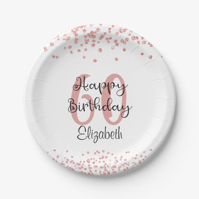 Chic Rose Gold Glitter HAPPY 60th BIRTHDAY Name Paper Plates (Front)