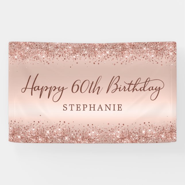 Chic Rose Gold Glitter Happy 60th Birthday Script  Banner (Horizontal)