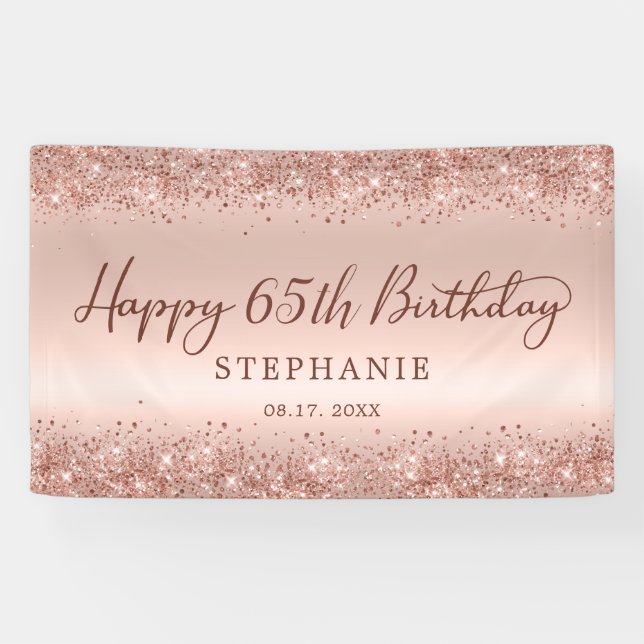 Chic Rose Gold Glitter Happy 65th Birthday Script  Banner (Horizontal)