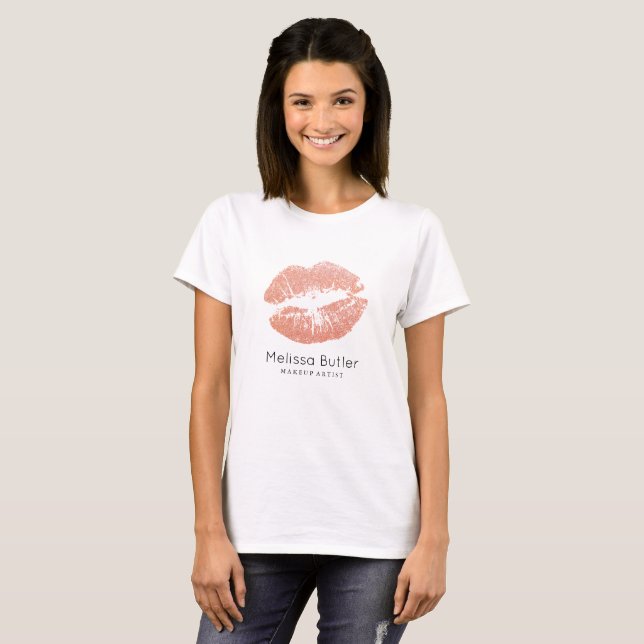 Chic Rose Gold Glitter Lips Makeup Artist T-Shirt (Front Full)