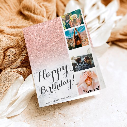 Chic rose gold glitter marble photo booth birthday card