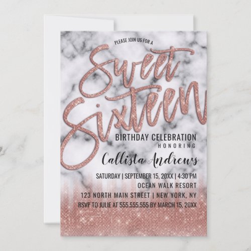 Chic Rose Gold Glitter Marble Typography Sweet 16 Invitation