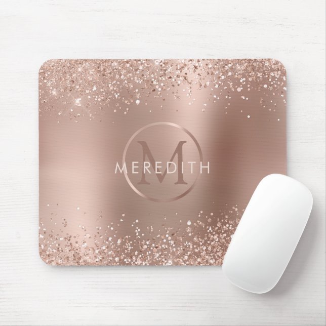 Chic Rose Gold Glitter Metallic Monogram Mouse Pad (With Mouse)